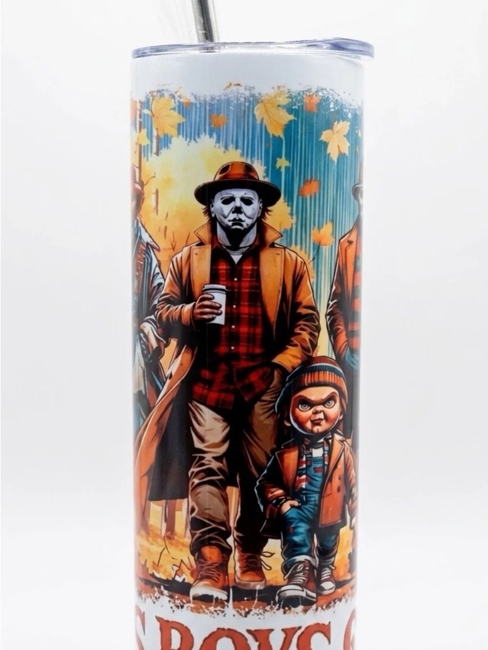 Horror Characters Fall Scene Stainless Tumbler -The Boys of Fall, NEW!
